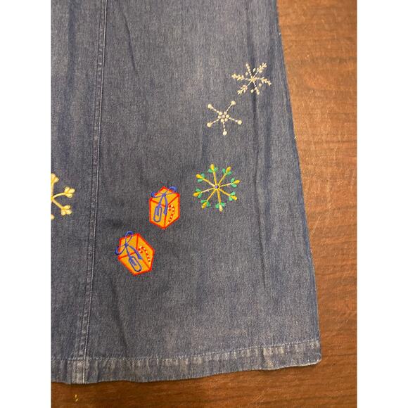 90s Vintage Jane Ashley Denim Jumper Dress Christmas Embroidered Snowman Teacher - Picture 9 of 10
